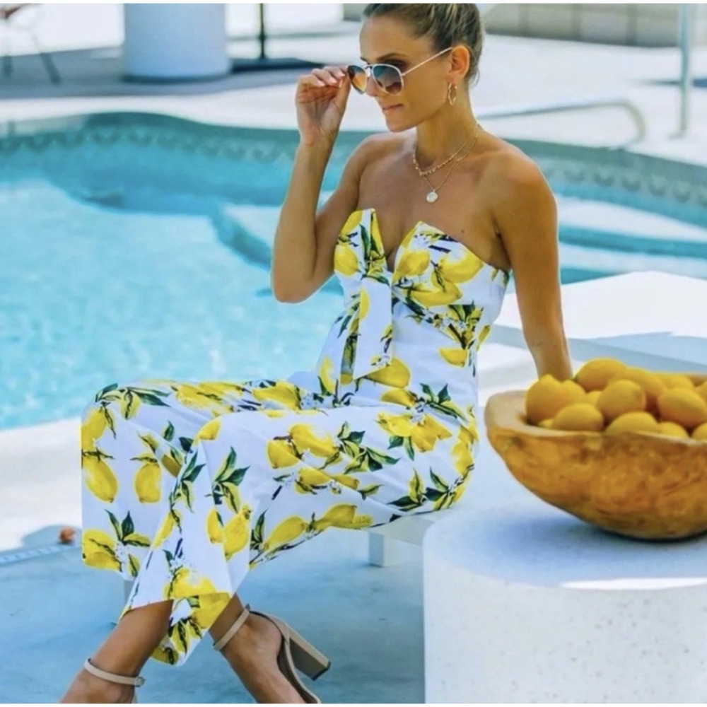 English Factory Jumpsuit Womens S White Yellow Lemon Print Tie Strapless Knotted - Picture 13 of 13